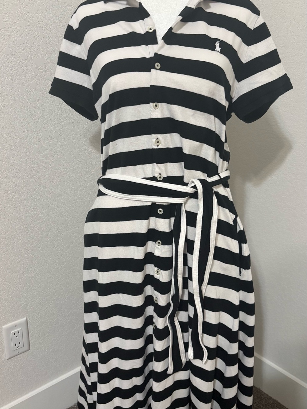 Ralph Lauren Black & White Striped Button-Front Polo Dress with Tie Waist - Picture 2 of 7
